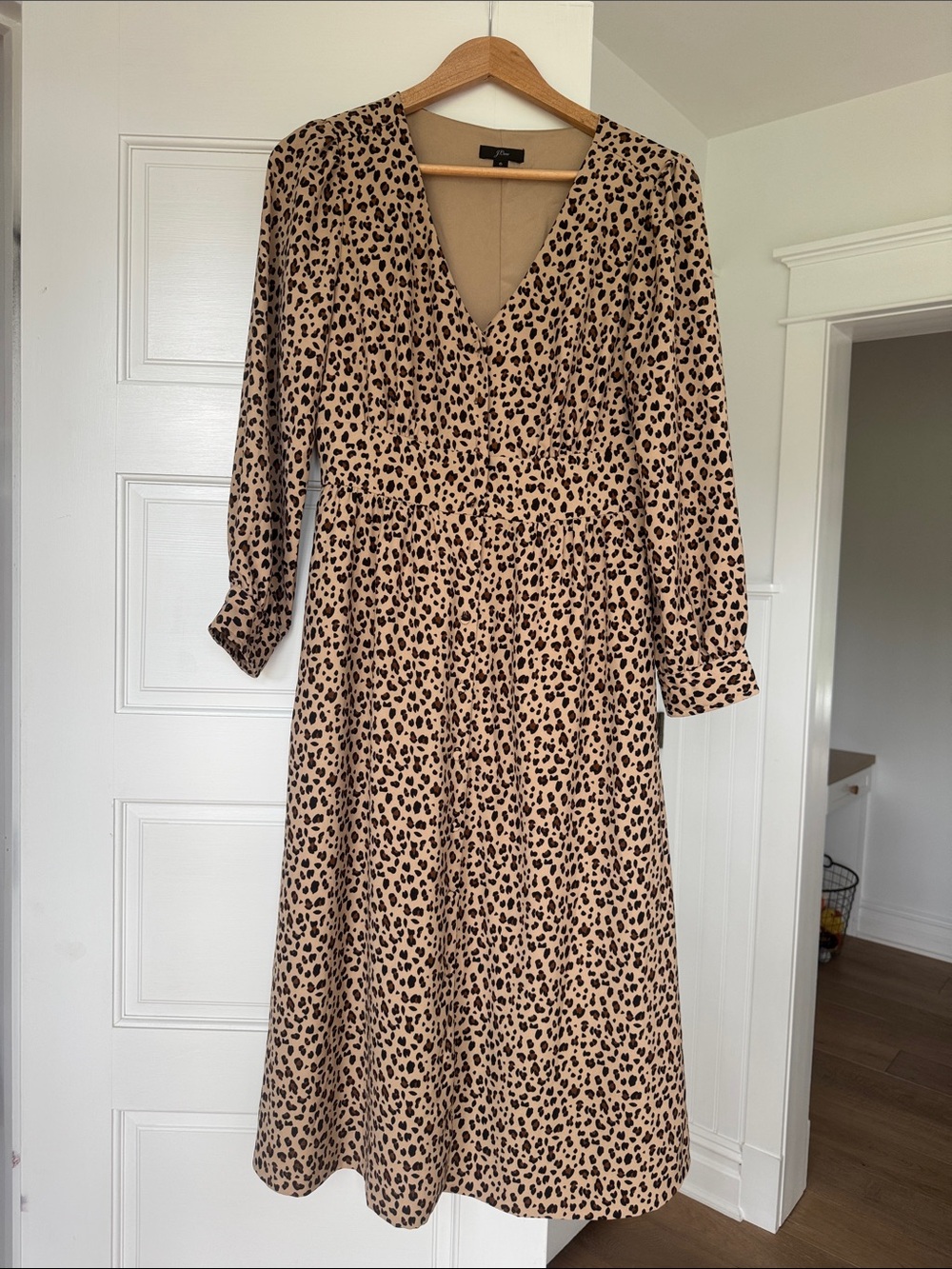 J. Crew Beige Leopard Print Long Sleeve V-Neck Midi Dress